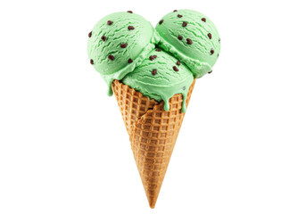 Isolated mint chocolate chip ice cream cone melting with three large scoops studio shot