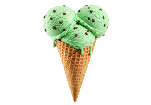Isolated mint chocolate chip ice cream cone melting with three large scoops studio shot