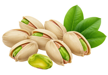 Isolated pistachio nuts, cracked pistachio nut with green kernels, leaves, healthy snack