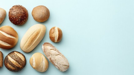 Obraz premium Assorted artisan bread on light blue background showcasing variety in baking styles