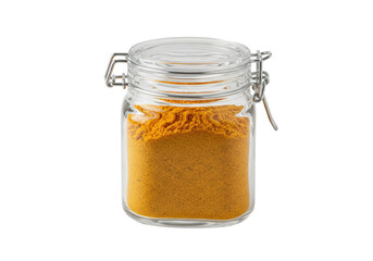 Isolated glass jar with airtight lid holding turmeric powder, food ingredient, bright color