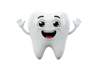 Isolated cartoon tooth smiles and waves hello, dental health mascot welcomes you