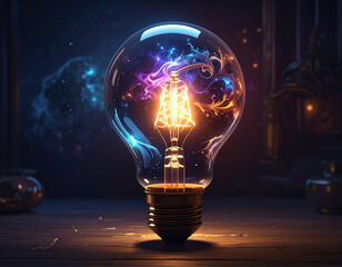 An incandescent light bulb in a dark room, generated AI
