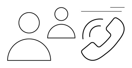 Outline of two user profiles beside a ringing phone receiver. Ideal for communication, networking, collaboration, customer service, teamwork, telecommunication, remote interaction. Simple flat