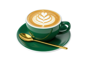 Isolated cappuccino with latte art in a green cup, placed on a matching saucer with spoon