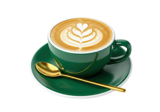 Isolated cappuccino with latte art in a green cup, placed on a matching saucer with spoon