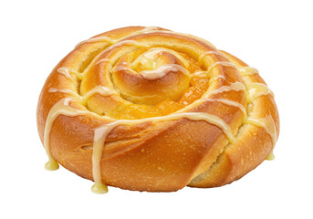 Isolated fresh pastry roll with sweet glaze, homemade cake, sweet bread baked dessert food