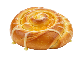 Isolated fresh pastry roll with sweet glaze, homemade cake, sweet bread baked dessert food