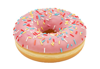 Isolated donut with pink frosting and colorful sprinkles, sweet indulgence temptation