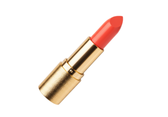 Isolated gold lipstick tube with orange shade for makeup application on lips in beauty item