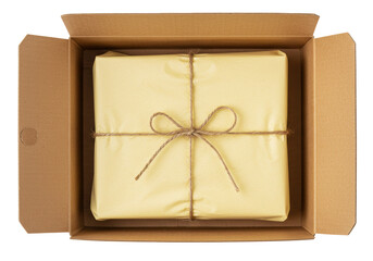 Isolated cardboard box with wrapped gift inside, tied with twine, ready for shipping