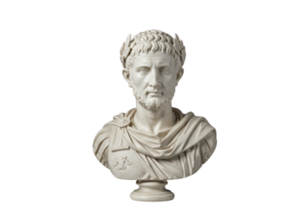 Isolated bust of a Roman emperor wearing a laurel wreath, studio shot, neutral tones