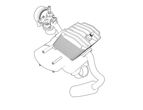 Technical Wireframe Drawing: Detailed Monochrome Outline Illustration of a Small Two-Stroke Engine Kit, Mechanical Bicycle Motor Assembly blueprint, including Carburetor and Exhaust System diagram