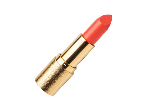 Isolated gold lipstick tube with orange shade for makeup application on lips in beauty item