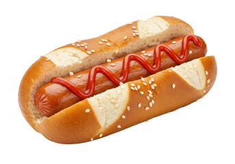 Isolated pretzel roll hot dog with zigzag of ketchup is ready to eat, appetizing lunch meal