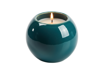 Isolated candle in a dark teal sphere holder with a lit wick, home decor for sale