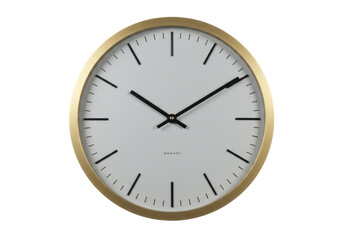 Isolated golden framed wall clock mockup, showing time, home decor, timepiece object