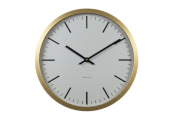 Isolated golden framed wall clock mockup, showing time, home decor, timepiece object