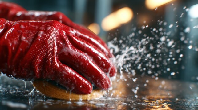 A close-up of hands in red gloves scrubbing a surface, showcasing the dynamics of cleaning and the detail involved in maintaining cleanliness with soapy water and effort.