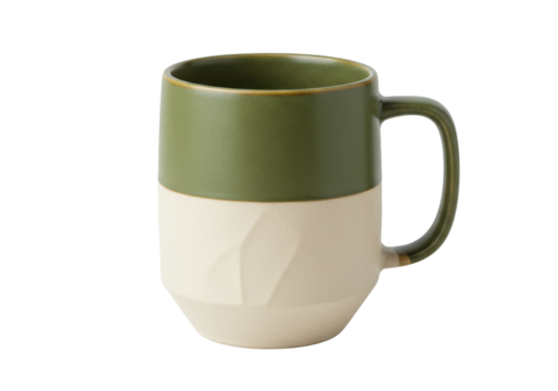 Isolated ceramic mug with two-tone design, rustic and handmade look and earthy color palette
