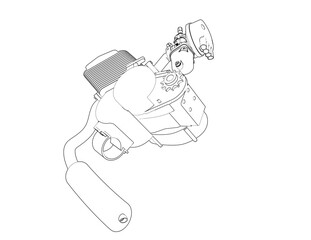 Small 2 Stroke Engine Kit Detailed Drawing: Monochrome Line Art Illustration of a Gasoline Motor's Internal Components. Wireframe for Engineering Blueprints, highlighting Carburetor and Exhaust System