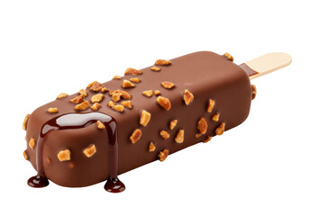 Isolated chocolate covered ice cream bar with nuts and topping on a stick for dessert treat