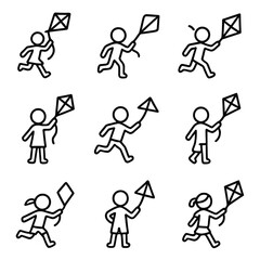 Kids Playing with Kites Line Icons