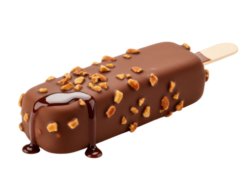 Isolated chocolate covered ice cream bar with nuts and topping on a stick for dessert treat