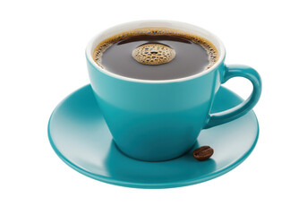 Isolated Blue cup with coffee and coffee bean resting on saucer, refreshing morning beverage