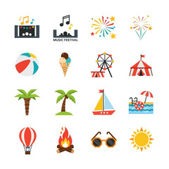 Summer Fun Icons - Beach, Carnival, and Festive Elements for Vacation.