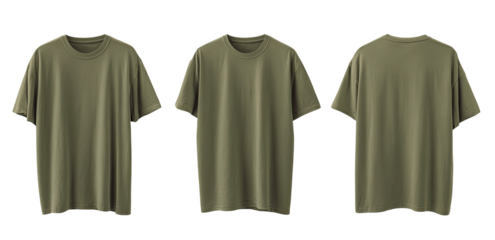 Three olive green t-shirts, front and back views