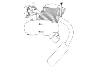 Vintage 2-stroke Bicycle Engine Kit Blueprint: Classic monochrome engineering schematic. Clear line art illustrates combustion engine components for motorized bike enthusiasts, educational and retro