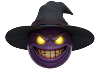 Isolated Purple Emoji Wearing Witch Hat with Evil Grin and Glowing Eyes for Halloween