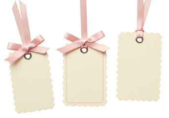 Isolated blank paper gift tags with light pink ribbon, retro style, no text, hanging down