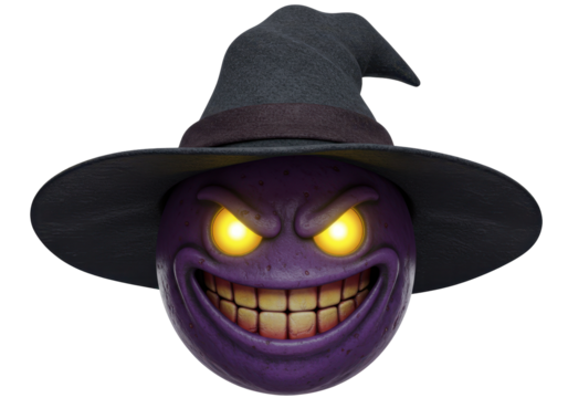 Isolated Purple Emoji Wearing Witch Hat with Evil Grin and Glowing Eyes for Halloween
