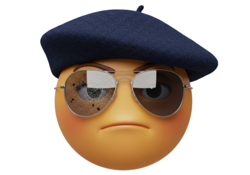 Isolated emoji character wearing sunglasses and a beret with a suspicious expression