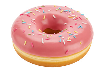 Isolated pink glazed donut with colorful sprinkles, delicious sweet snack treat, no background