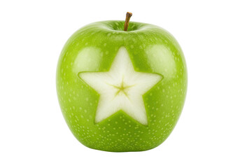 Isolated green apple with star cut out in fruit against uniform backdrop for healthy eating concept