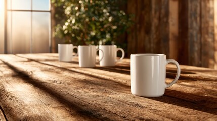 A tranquil setup featuring white coffee mugs arranged on a rustic wooden table, illuminated by natural light, creating a serene atmosphere ideal for relaxation or reflection.