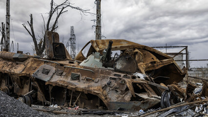 Fototapeta premium destroyed buildings in the industrial zone in Kiev the war in Ukraine