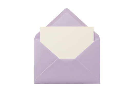 Isolated pale lilac envelope with letter, communication and correspondence, stationery flatlay