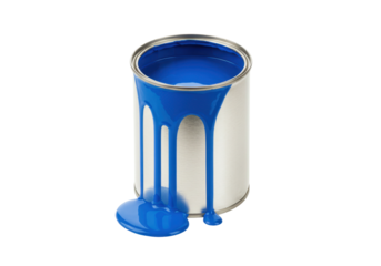 Isolated can of blue paint with drips running down the side, ready to paint the house walls