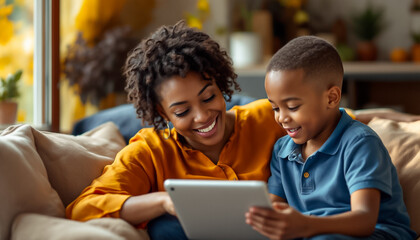 Happy Mother and Son Using Tablet on Cozy Sofa