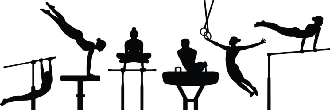 Silhouette of gymnasts performing exercises on rings, vault, pommel horse, bars, balance beam, parallel bars, gymnastics training, competition, fitness illustration