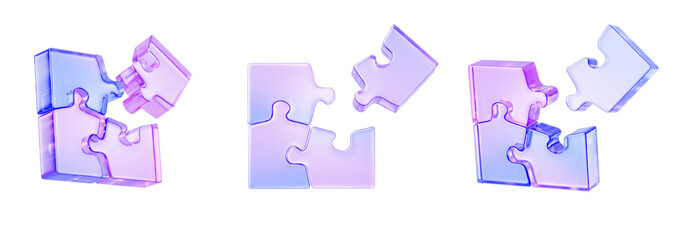 Naklejka premium Glass holographic transparent puzzle pieces 3d render icon set. Crystal jigsaw game with neon gradient texture for connection, logical thinking, problem solving, teamwork concept