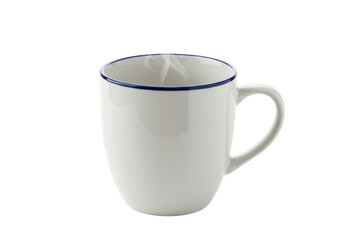 Isolated hot drink in a ceramic mug with blue rim, steam rising from the surface