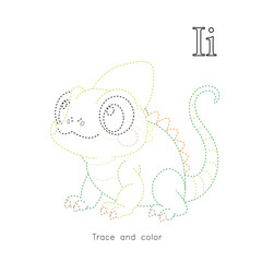 Cute iguana coloring page for kids. Educational worksheet with trace and color activity, letter I alphabet learning, reptile outline illustration for preschool and kindergarten.