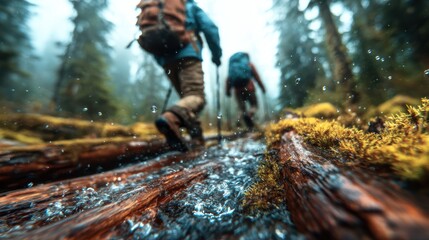 A close-up shot of hikers navigating through a misty forest trail, capturing the essence of adventure and exploration in nature's tranquil yet mysterious environment.