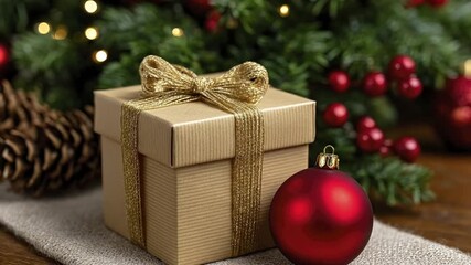 A goldribboned gift box sits next to a red ornament amid a festive softly lit Christmas setting - Powered by Adobe