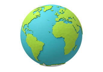 Isolated view of a low-poly Earth globe showing continents and oceans, low resolution